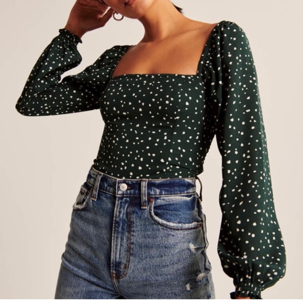 Abercrombie & Fitch Dark Green Long Sleeve Square Neck Top Medium